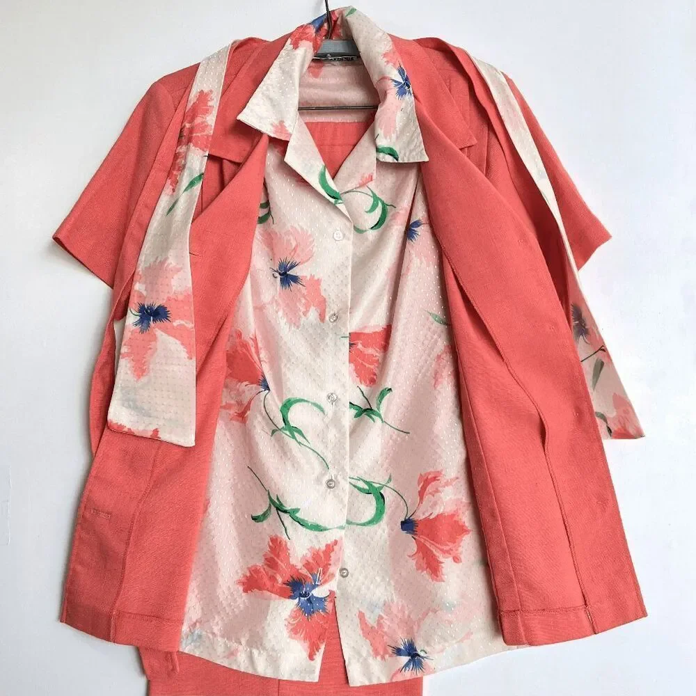 VTG 70s Coral Pant Suit Set Wide Leg Disco Cruise Outfit Theme XL